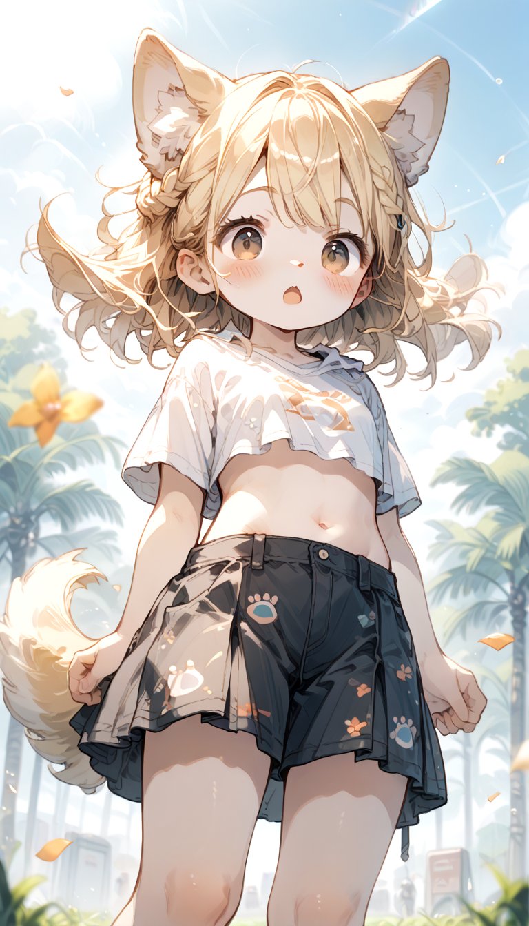 score_9_up, score_8_up, score_7_up,score_6_up,score_5_up,source_anime,source_furry,masterpiece,best quality,illustration,cute,kawaii,1girl,solo,dog ears,blonde hair,french braid,gradient brown eyes,midriff,groin,Deformed,feral furry,(underboob:0.95),wind,from below,surprised,blush,looking_at_viewer,