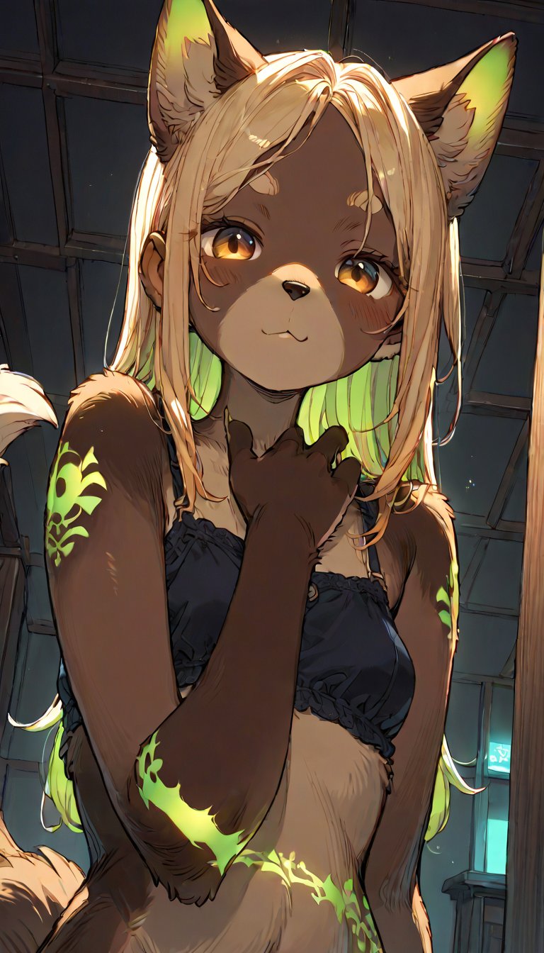 score_9, score_8up, score_7up, score_6up, score_5up,source_anime,source_furry,(furry:1.3),anthro,cute,kawaii,1girl,solo,dog ears,blonde hair,gradient brown eyes,indoors,(dark room:1.4),her body adorned with (glowing neon green geometric pattern tattoos all over body:1.5),The intricate geometric pattern illuminate the shadows around her,upper face,high-contrast anime-style,