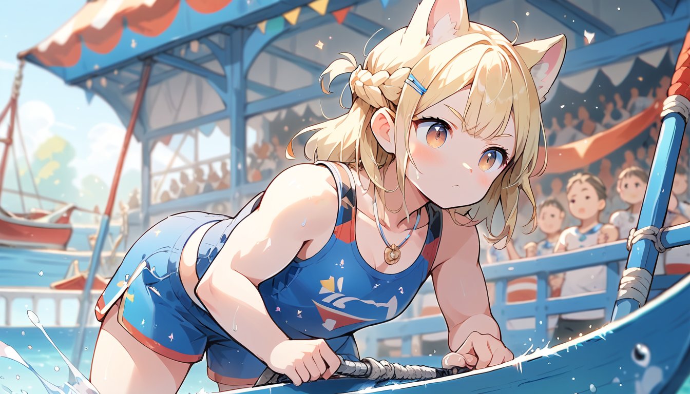 score_9_up, score_8_up, score_7_up,score_6_up,score_5_up,source_anime,masterpiece,best quality,illustration,cute,kawaii,1girl,solo,blonde hair,french_braid,dog ears,gradient brown eyes,On the Olympic stage, a woman is rowing with all her might. Her face shows a serious expression, and you can see the tension in her muscles. Amidst the splashing water, her boat moves forward powerfully, with the audience’s eyes focused on her. Her figure, putting everything into this moment, truly embodies the beauty and tension of sports, score_9_up,(rowing:1.5),(row a boat with oars:1.3)