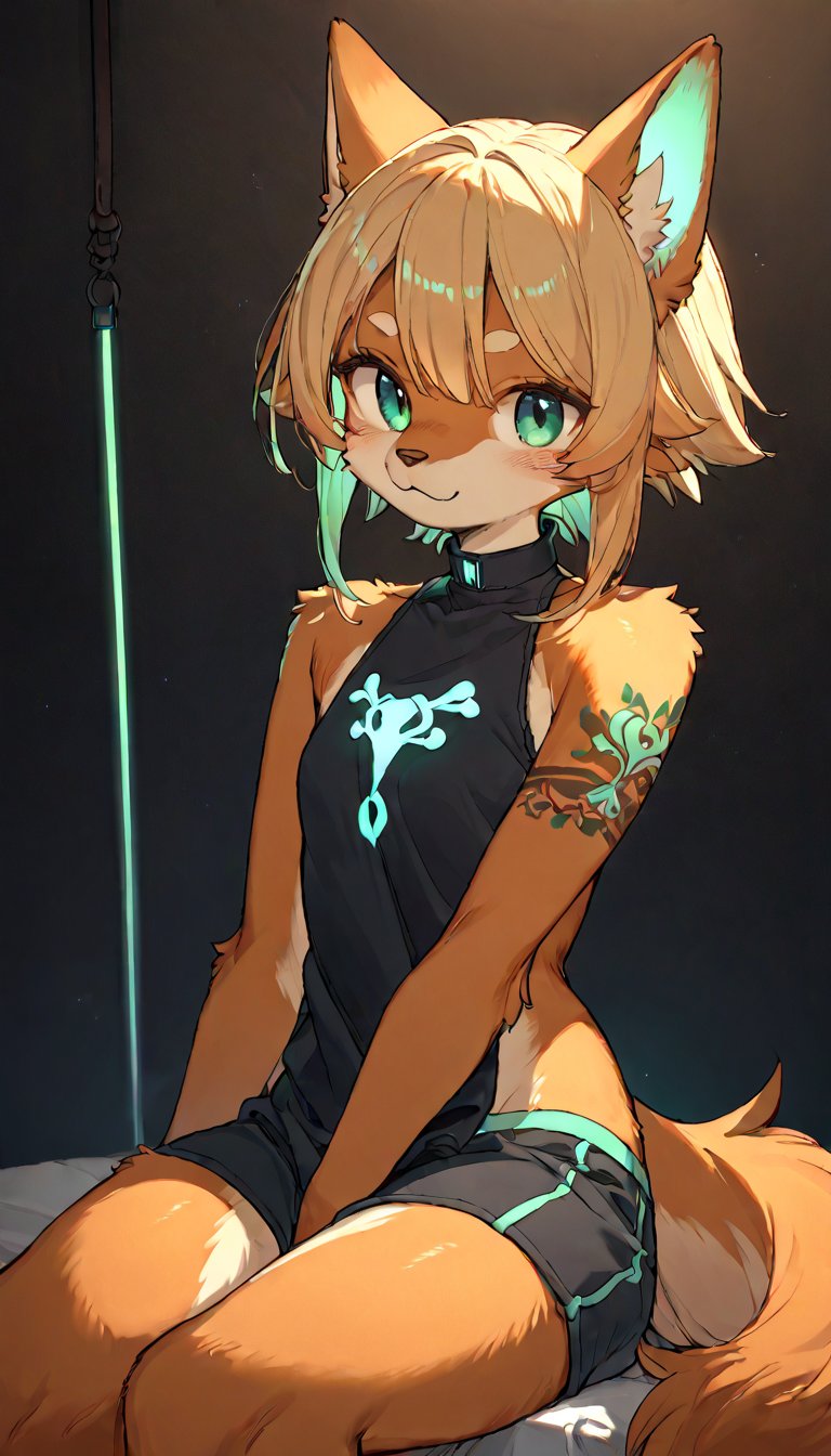 score_9, score_8up, score_7up, score_6up, score_5up,source_anime,source_furry,(furry:1.3),anthro,cute,kawaii,1girl,solo,dog ears,blonde hair,indoors,(dark room:1.3),her body adorned with (glowing neon green ainu tattoos:1.25),The intricateilluminate the shadows around her,high-contrast anime-style,