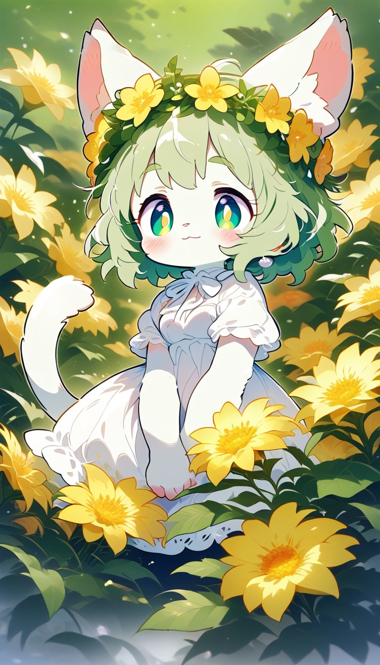 score_9_up, score_8_up, score_7_up,score_6_up,score_5_up,source_anime,masterpiece,best quality,illustration,cute,kawaii,1girl,solo,furry white cat female,white fur, cat tail, messy short green hair, flower crown, green eyes, thick green eyebrows, white and green dress,short sleeves,(royal:1.2),elegance,graceful,small breasts,high waist,light smile,(petite:1.2),source_furry,