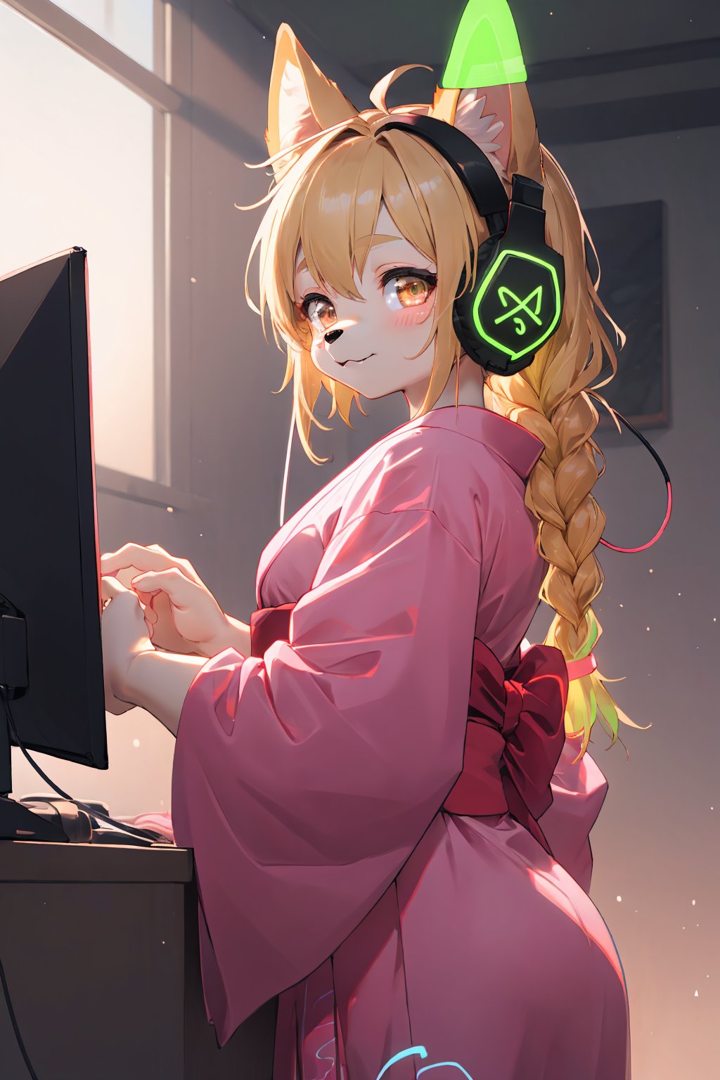 masterpiece,best quality,ultra detailed,highres,absurdres,illustratio,anthro,cute,kawaii,1girl,solo,dog ears,blonde hair,gradient brown eyes,(glowing neon green headphone:1.2),cool,stylish,french_braid,pink kimono dress,