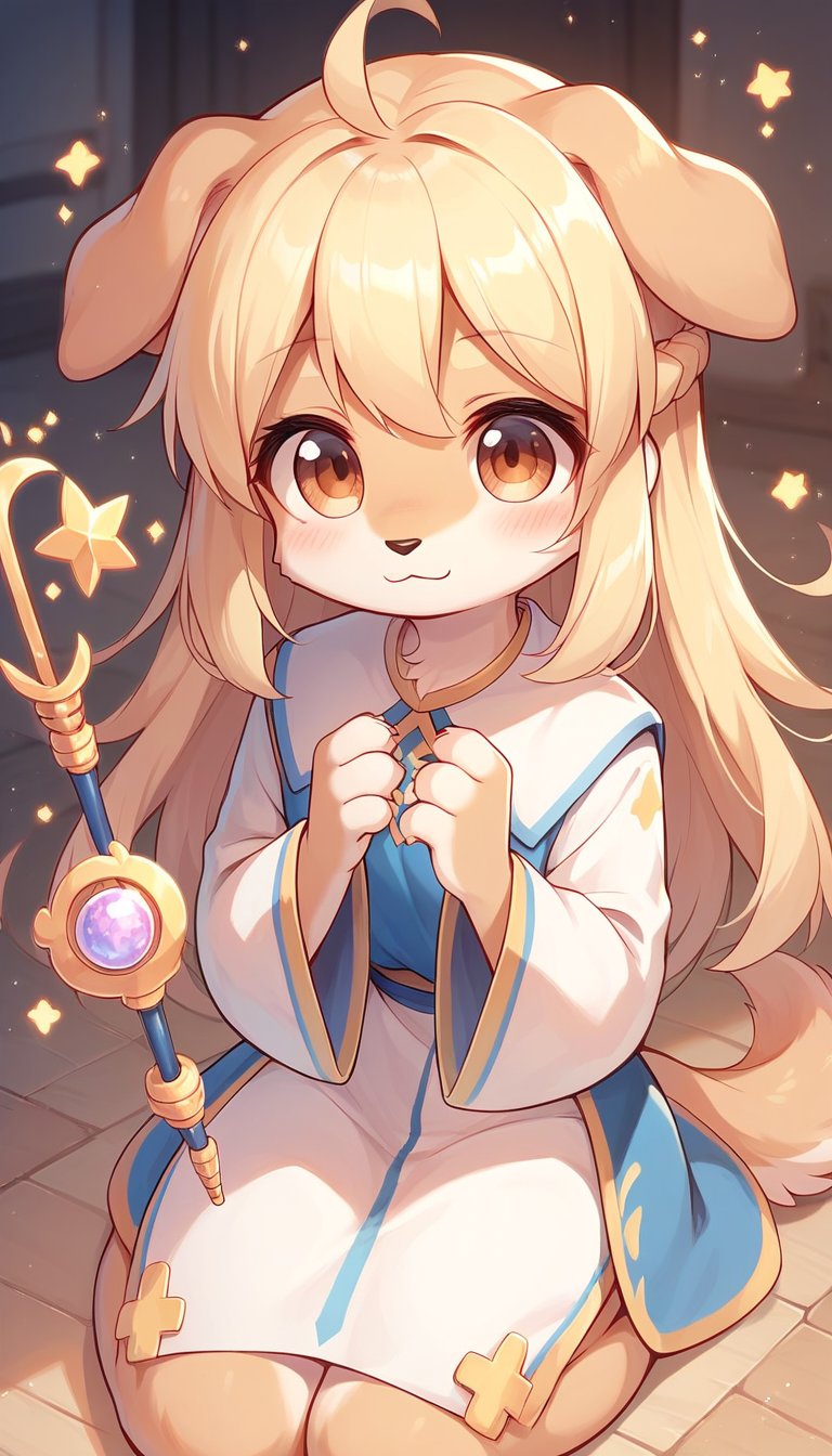 score_9_up, score_8_up, score_7_up,score_6_up,score_5_up,best quality,masterpiece,illustration,cute,kawaii,1girl,solo,dog ears,blonde hair,french braid,gradient brown eyes,healing magic,wand,priestess,furry