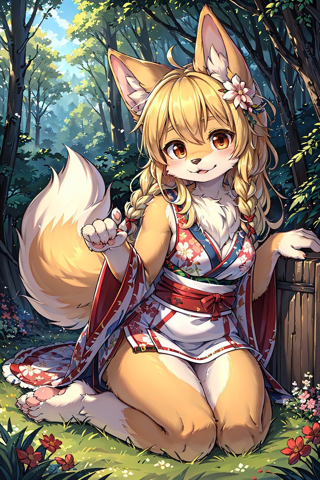 masterpiece,best quality,ultra detailed,highres,absurdres,illustration,cute,kawaii,(furry:1.3),(fluffy body:1.3) BREAK 1girl,solo,dog ears,french braid,blonde hair,detailed and gradient brown eyes,sleeveless kimono,miniskirt,floral print,druid,aristocrat  BREAK outdoors,deep forest,deep crimson,magnificent view,overlooking 