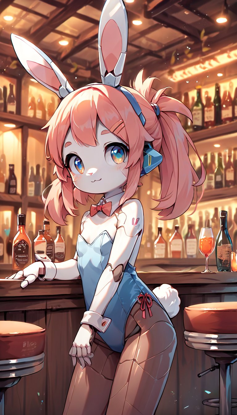 score_9_up, score_8_up, score_7_up,score_6_up,score_5_up,source_anime,masterpiece,best quality,illustration,cute,kawaii,1girl,solo,mechanical body,rabbit ears,playboy_bunny,indoors,bar,light smile,(petite:1.2),source_furry,robot