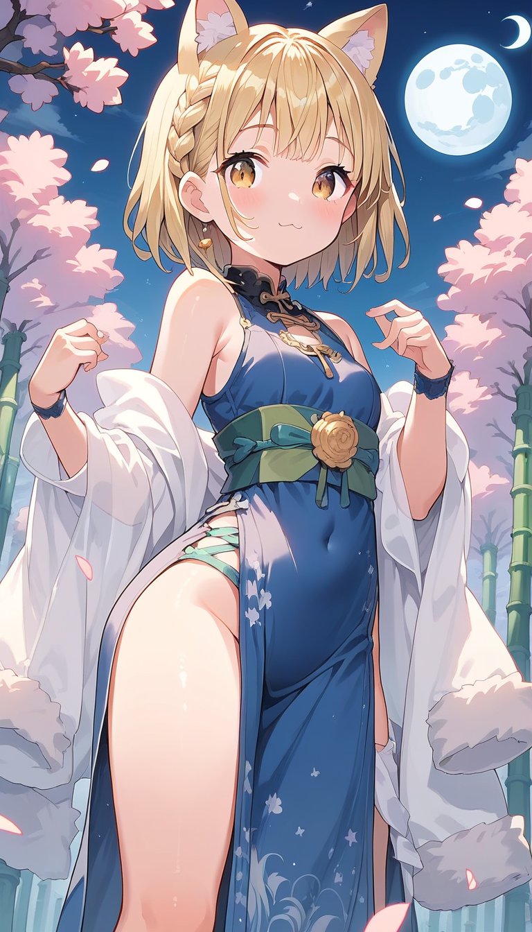  score_9_up, score_8_up, score_7_up,score_6_up,score_5_up,score_4_up,source_anime,masterpiece,best quality,illustration,cute,kawaii,1girl,solo,blonde hair,french_braid,dog ears,gradient brown eyes,(tanabata:1.2),tanzaku,(silver bamboo thicket),blue full moon,(mysterios),kimono Ethnic Dress,(see-through long shawl:1.3),see-through detatched sleeves,