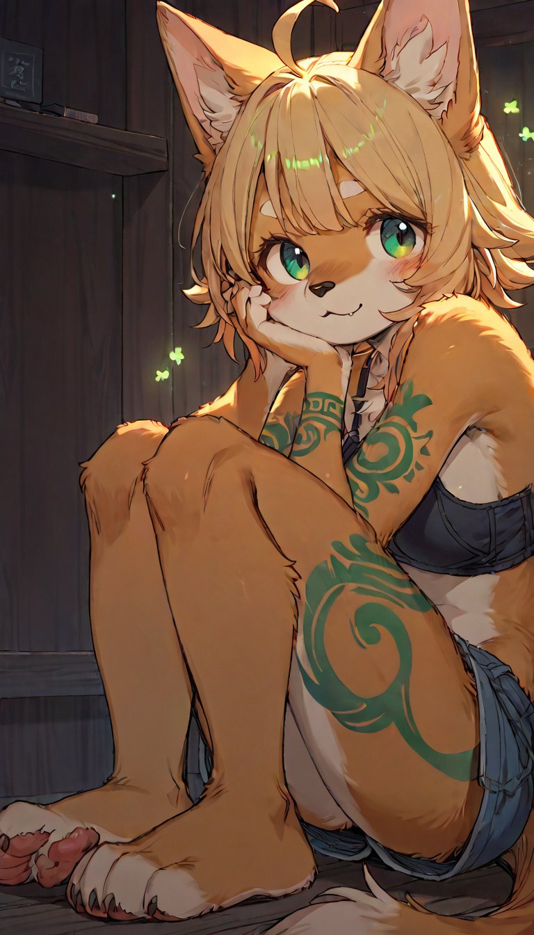 score_9, score_8up, score_7up, score_6up, score_5up,source_anime,source_furry,(furry:1.3),anthro,cute,kawaii,1girl,solo,dog ears,blonde hair,indoors,(dark room:1.3),her body adorned with (glowing neon green ainu tattoos:1.0),The intricateilluminate the shadows around her,high-contrast anime-style,