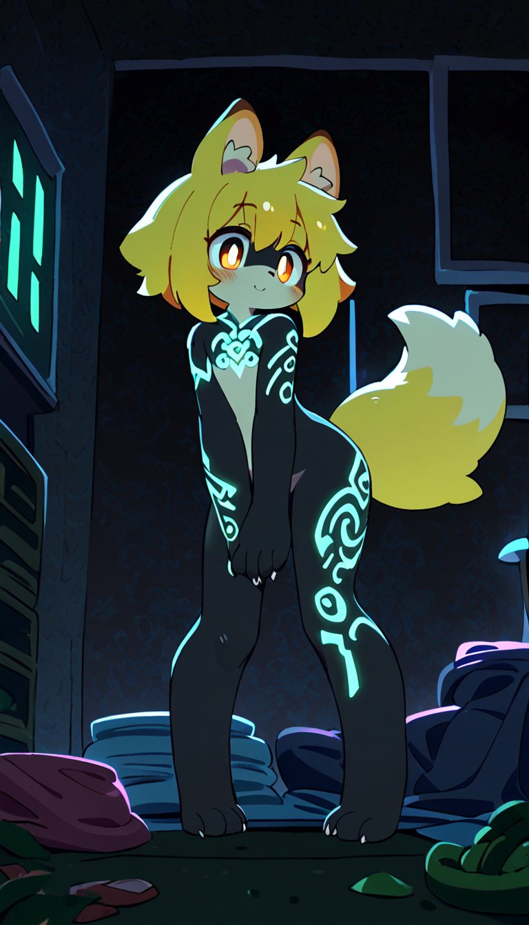 (furry:1.3),anthro,cute,kawaii,1girl,solo,dog ears,blonde hair,gradient brown eyes,indoors,(dark room:1.4),her body adorned with (glowing neon green Ancient magical tattoo,on skin:1.5),high-contrast anime-style,full body,see-through,