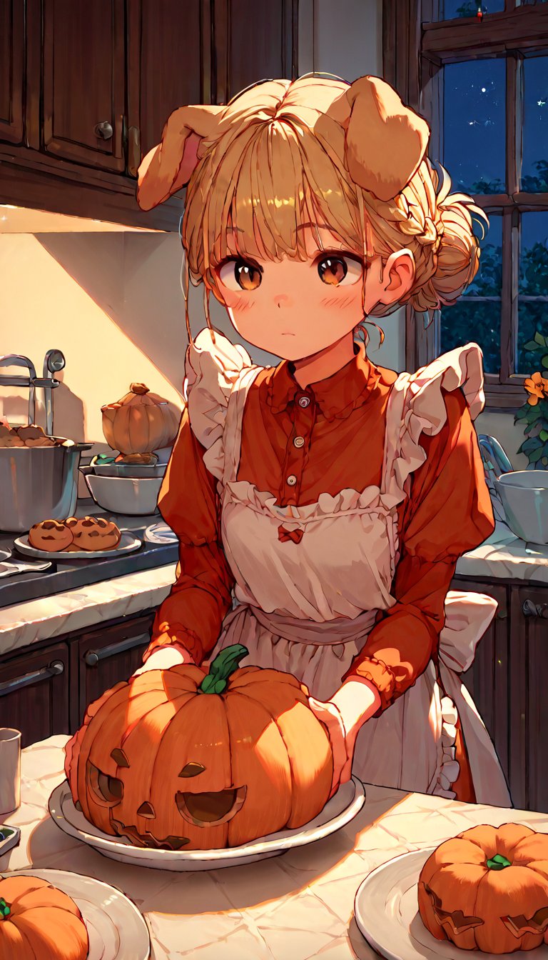 score_9, score_8up, score_7up, score_6up, score_5up,source_anime,cute,1girl,solo,blonde hair,dog ears fluff,french braid,brown eyes,making Pumpkin pudding,indoors,kitchen,frills apron dress,night,confuse