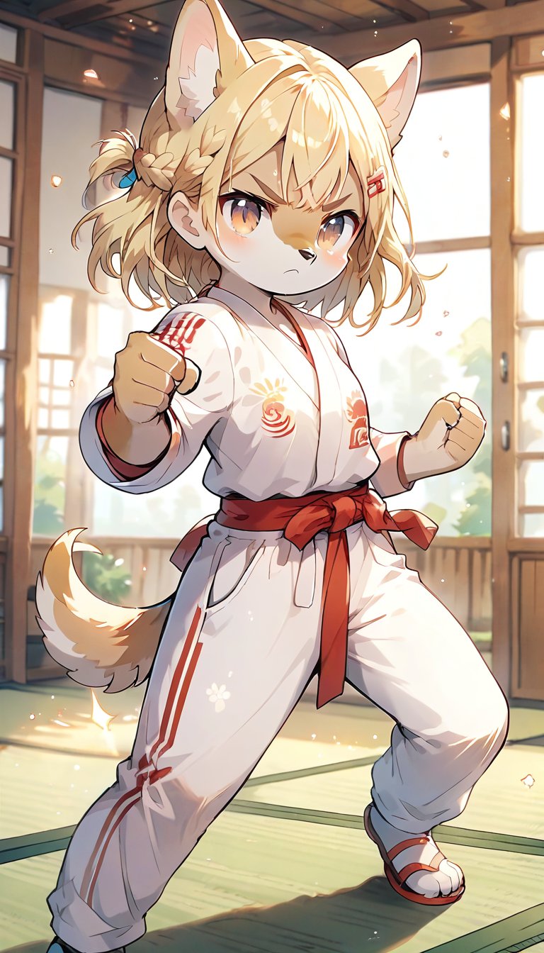 score_9_up, score_8_up, score_7_up,score_6_up,score_5_up,source_anime,masterpiece,best quality,illustration,cute,kawaii,1girl,solo,blonde hair,french_braid,dog ears,gradient brown eyes,paris olympic,,judo cloth,tatami,judo,sutanding,serious,indoors,white pants,furry,fighting stance