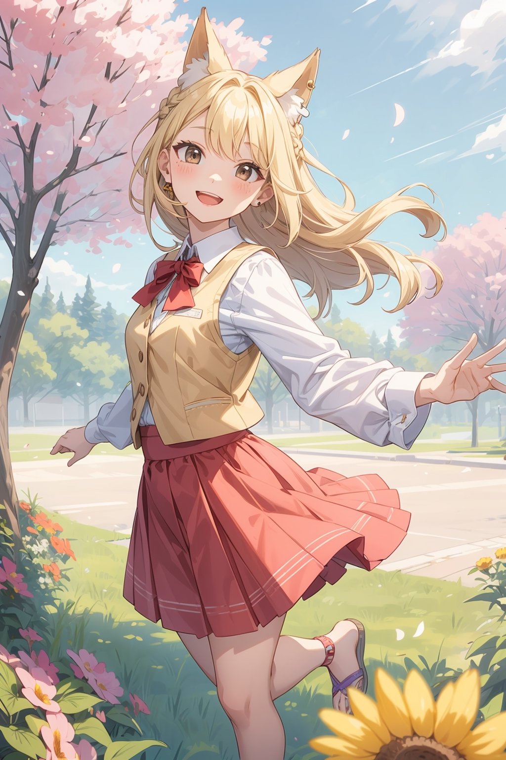 The illustration depicts a high school girl, dressed stylishly, in a bright early summer park. She is dressed lightly to match the early summer climate, with a big smile on her face. Around her, fresh green trees and colorful (flowers are in full bloom:1.3) 
BREAK
Her outfit is light to match the early summer climate, consisting of a flared skirt and blouse combination, sandals on her feet, giving refreshing impression. Her hair is long and flowing in the wind, with a small earring shining in her ear.vest
BREAK
1girl,solo,dog ears,french braid,blonde hair,detailed and gradient brown eyes,cute,kawaii,(from above:0.8)