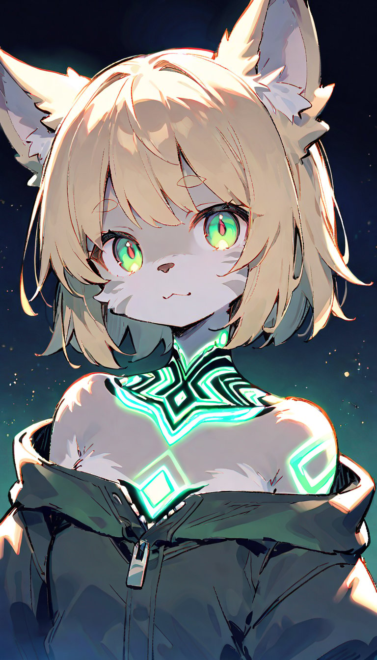 (furry:1.3),anthro,cute,kawaii,1girl,solo,dog ears,blonde hair,gradient brown eyes,indoors,(dark room:1.4),her body adorned with (glowing neon green zentangle tattoos:1.4),The intricateilluminate the shadows around her,(upper face:1.3),high-contrast anime-style,