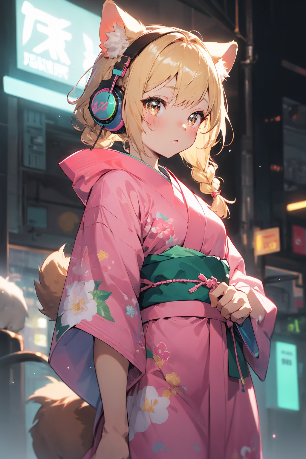 masterpiece,best quality,ultra detailed,highres,absurdres,illustratio,anthro,cute,kawaii,1girl,solo,dog ears,blonde hair,gradient brown eyes,(glowing neon green　headphone:1.0),cool,stylish,french_braid,pink kimono dress,kanzashi,