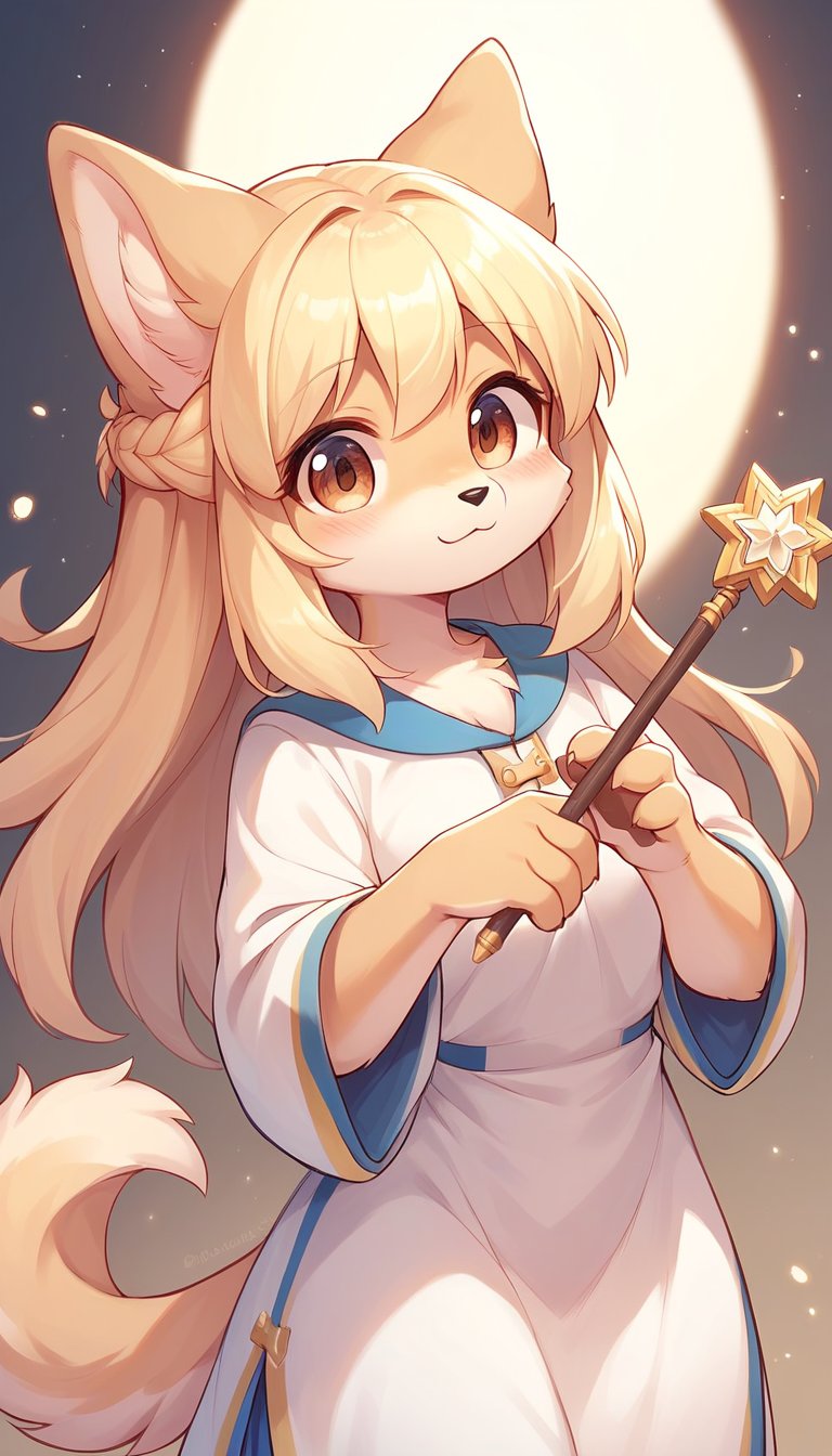 score_9_up, score_8_up, score_7_up,score_6_up,score_5_up,best quality,masterpiece,illustration,cute,kawaii,1girl,solo,dog ears,blonde hair,french braid,gradient brown eyes,healing magic,wand,priestess,furry