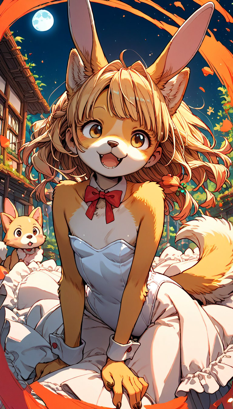 score_9, score_8up, score_7up, score_6up, score_5up,source_anime,source_furry,(anthro:1.3),cute,kawaii,1girl,solo,dog ears,blonde hair,gradient brown eyes,(white playboy bunny:1.2) fused with white lolita fashion,collarbone,(surprised:0.6),open mouth,moon,dango