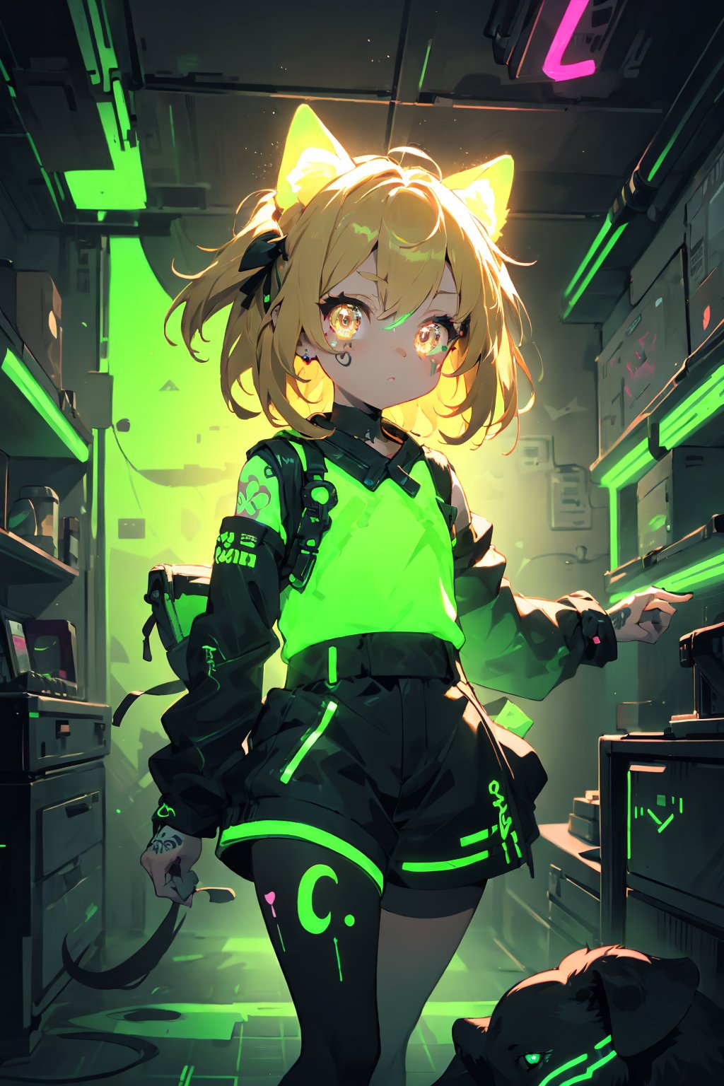 anthro,cute,kawaii,1girl,solo,dog ears,blonde hair,gradient brown eyes,her body adorned with (glowing neon green mosaic tattoo,on skin:1.3),high-contrast anime-style,(darkness room:1.3)