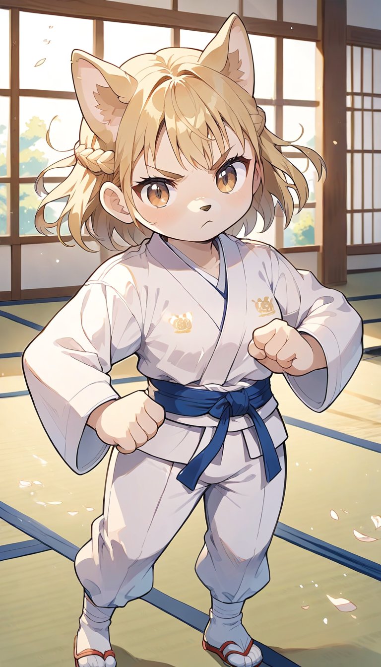 score_9_up, score_8_up, score_7_up,score_6_up,score_5_up,source_anime,masterpiece,best quality,illustration,cute,kawaii,1girl,solo,blonde hair,french_braid,dog ears,gradient brown eyes,paris olympic,judo, wearing judo wear,tatami,judo,sutanding,serious,indoors,furry,judo match,(female judo athlete:1.4),Judo combat pose,chibi