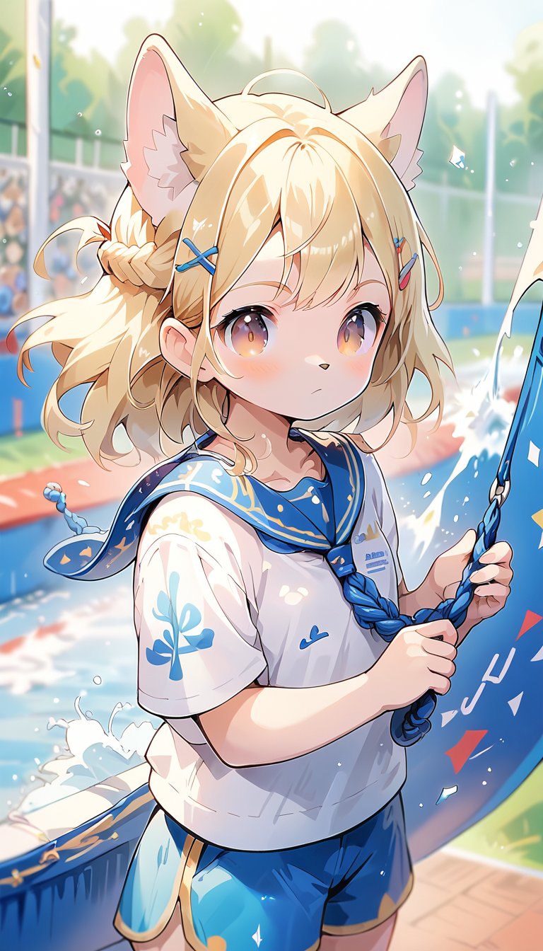 score_9_up, score_8_up, score_7_up,score_6_up,score_5_up,source_anime,masterpiece,best quality,illustration,cute,kawaii,1girl,solo,blonde hair,french_braid,dog ears,gradient brown eyes,On the Olympic stage, a woman is sailing with all her might. Her face shows a serious expression, and you can see the tension in her muscles. Amidst the splashing water, her boat moves forward powerfully, with the audience’s eyes focused on her. Her figure, putting everything into this moment, truly embodies the beauty and tension of sports, score_9_up,(sailing:1.5)