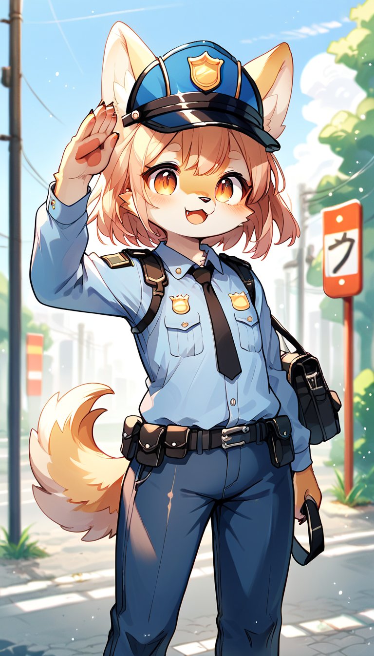 score_9, score_8_up, score_7_up, score_6_up, score_5up,source_anime,source_furry,furry,anthro,kemono,cute,kawaii,vivid color.1girl,solo,dog ears,brown eyes,police uniform,gallant expression,salute,cowboy shot,Deformed, score_9_up,outdoors,overlooking,traffic light