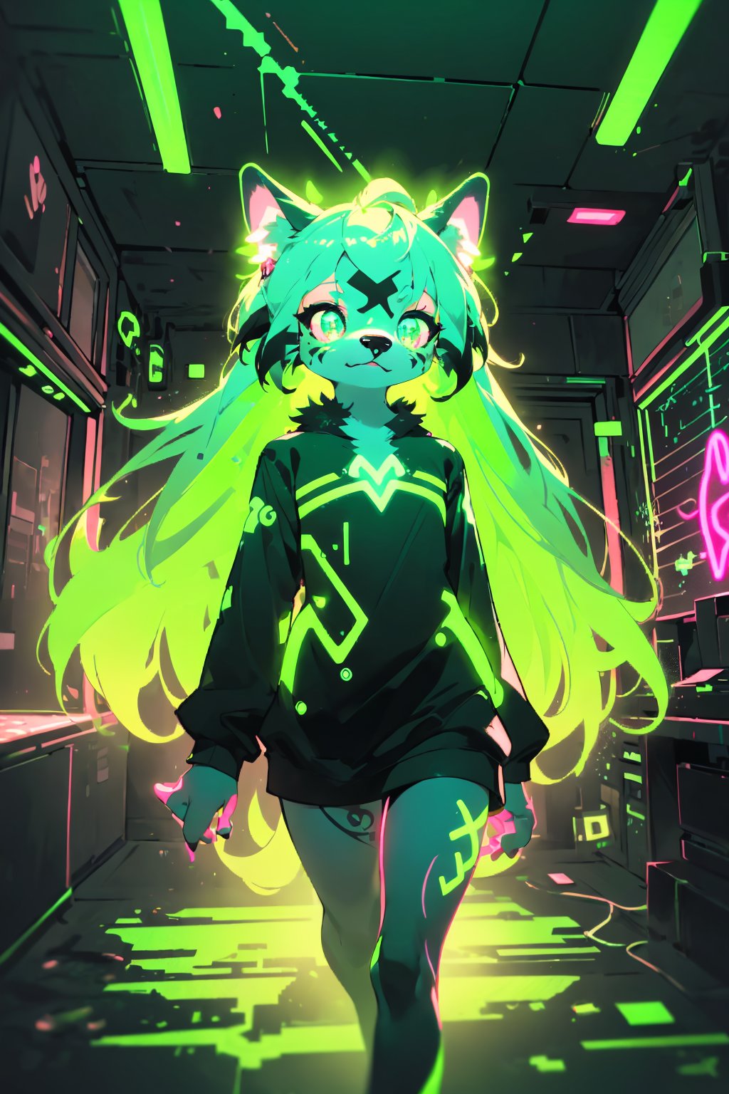 (furry:1.3),anthro,cute,kawaii,1girl,solo,dog ears,blonde hair,gradient brown eyes,her body adorned with (glowing neon green mosaic tattoo,on skin:1.5),high-contrast anime-style,(darkness room:1.3)