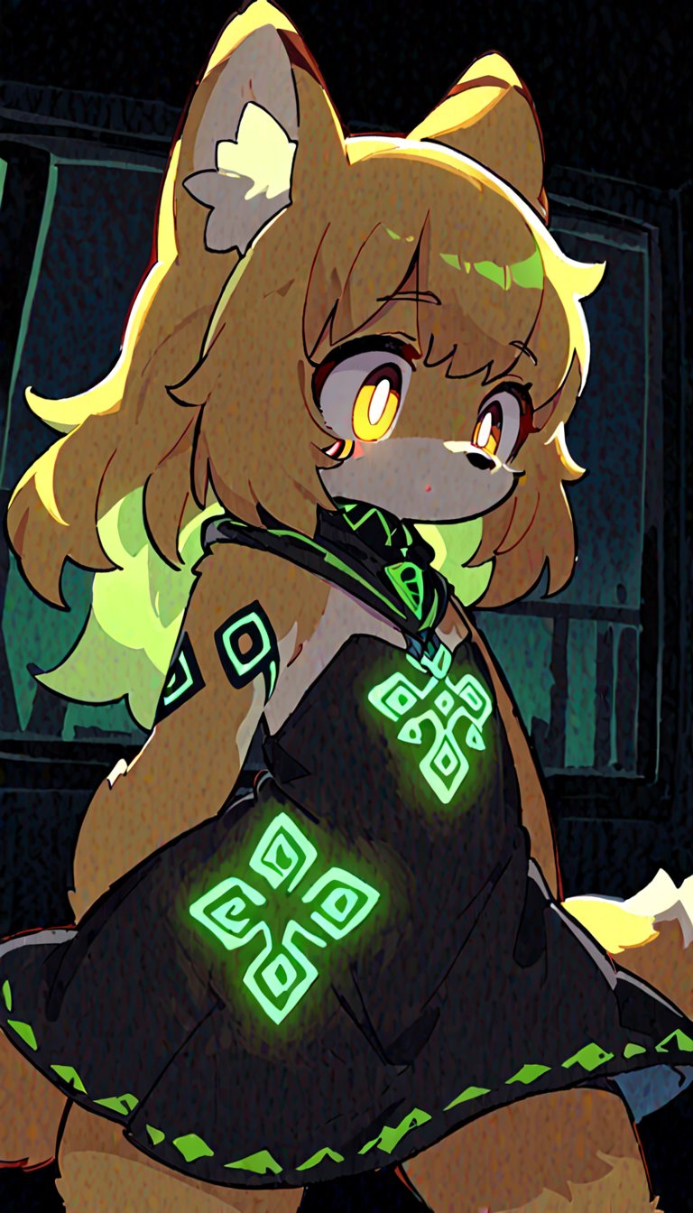 (furry:1.3),anthro,cute,kawaii,1girl,solo,dog ears,blonde hair,gradient brown eyes,indoors,(dark room:1.4),her body adorned with (glowing neon green zentangle heresy tattoos:1.4),(upper face:1.3),high-contrast anime-style,