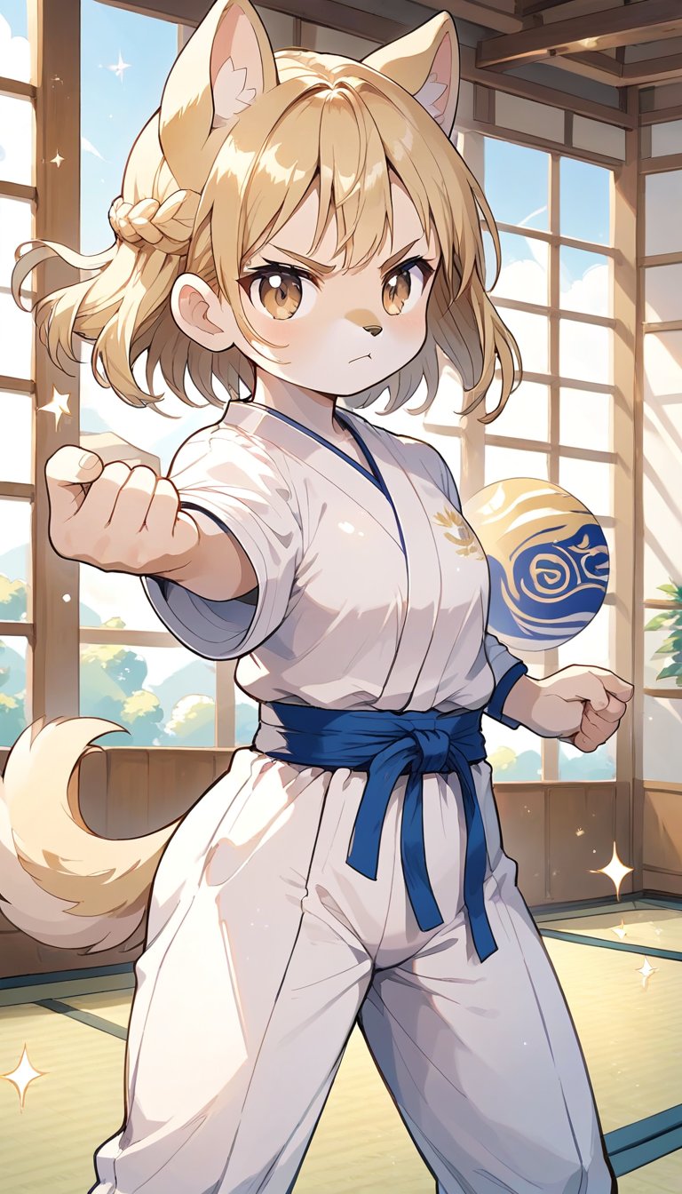 score_9_up, score_8_up, score_7_up,score_6_up,score_5_up,source_anime,masterpiece,best quality,illustration,cute,kawaii,1girl,solo,blonde hair,french_braid,dog ears,gradient brown eyes,paris olympic,judo, wearing judo wear,tatami,judo,sutanding,serious,indoors,furry,judo match,(female judo athlete:1.4),Judo combat pose,chibi