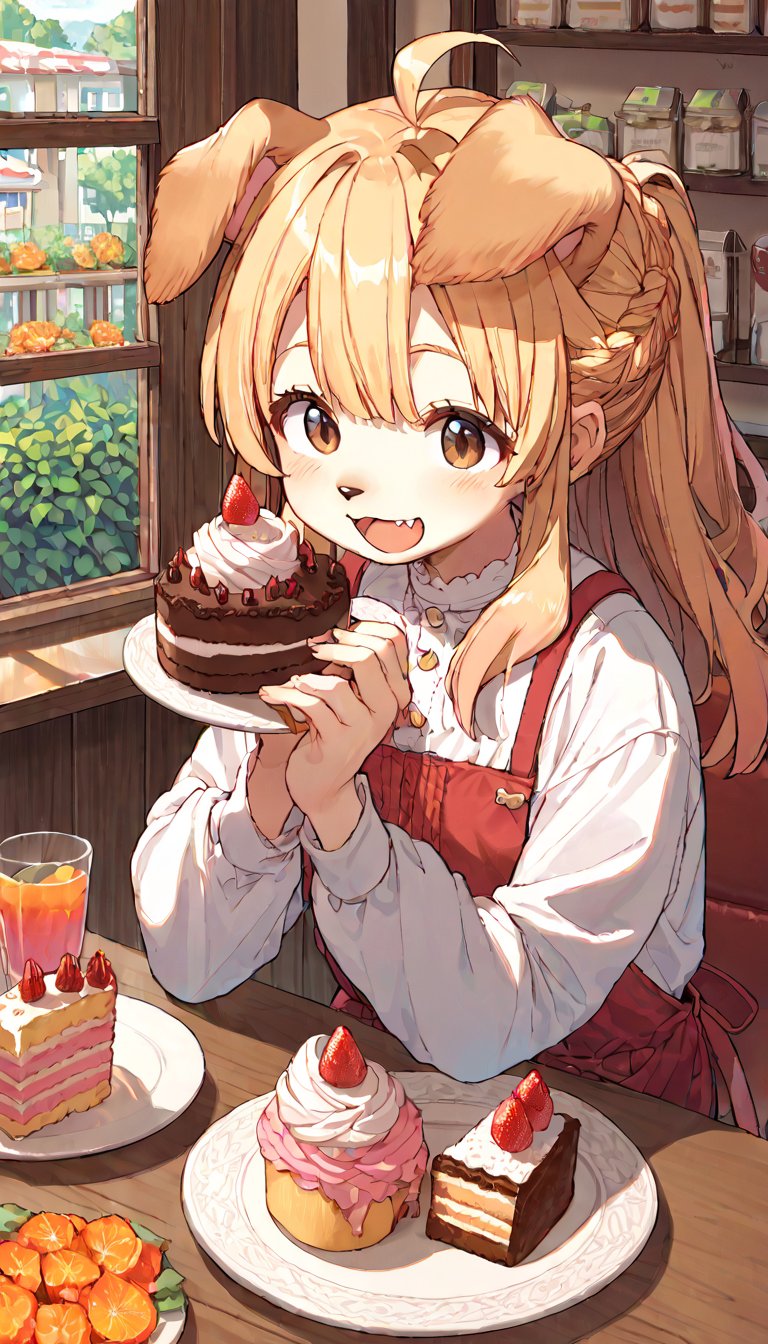 score_9, score_8up, score_7up, score_6up, score_5up,source_anime,source_furry,dog anthro,cute,kawaii,1girl,solo,blonde hair,dog ears fluff,french braid,brown eyes,Mont Blanc cake,cafe,indoors,cozy,downlight,enraptured,happy,