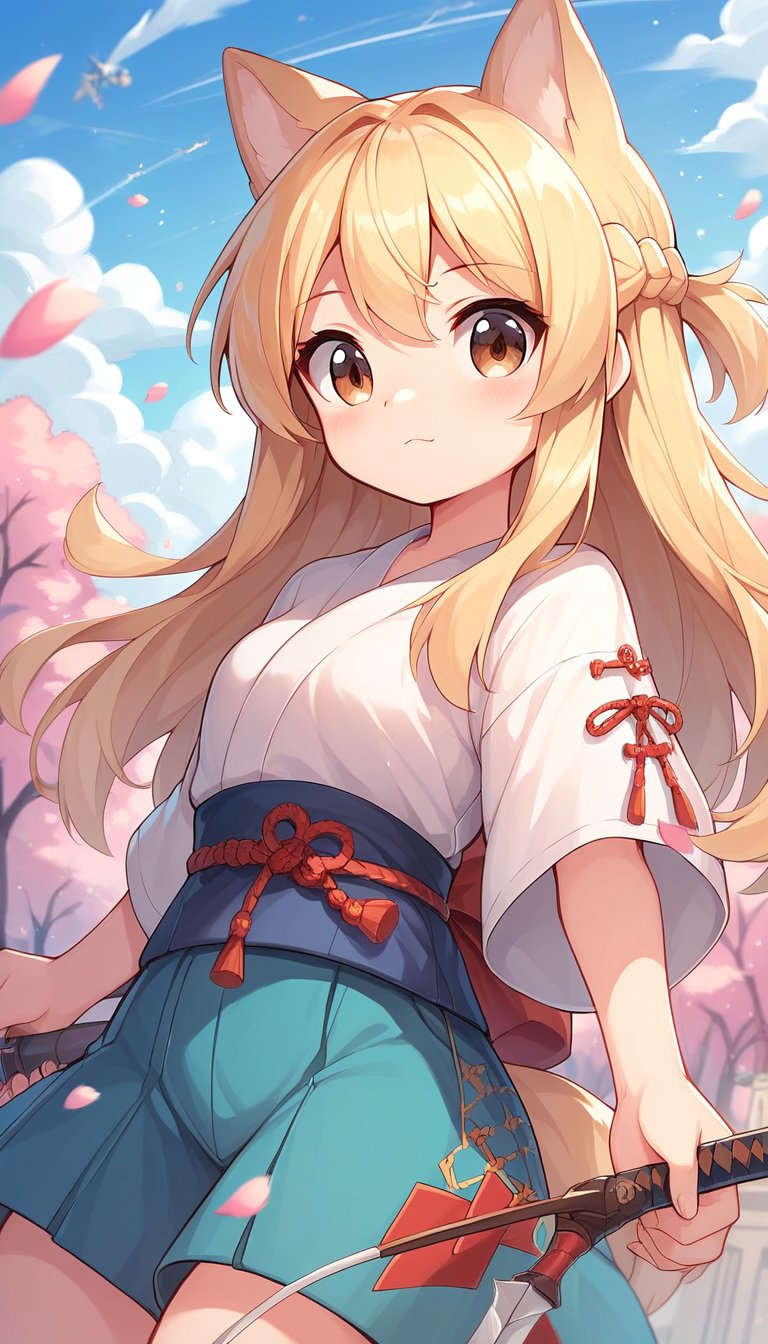 score_9_up, score_8_up, score_7_up,score_6_up,score_5_up,best quality,masterpiece,illustration,cute,kawaii,1girl,solo,dog ears,blonde hair,french braid,gradient brown eyes,japanese Armed,battle filed,(>:):1.3),Japanese-style archery