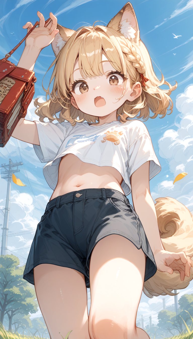 score_9_up, score_8_up, score_7_up,score_6_up,score_5_up,source_anime,source_furry,masterpiece,best quality,illustration,cute,kawaii,1girl,solo,dog ears,blonde hair,french braid,gradient brown eyes,midriff,groin,Deformed,feral furry,(underboob:0.8),wind,from below,surprised,blush