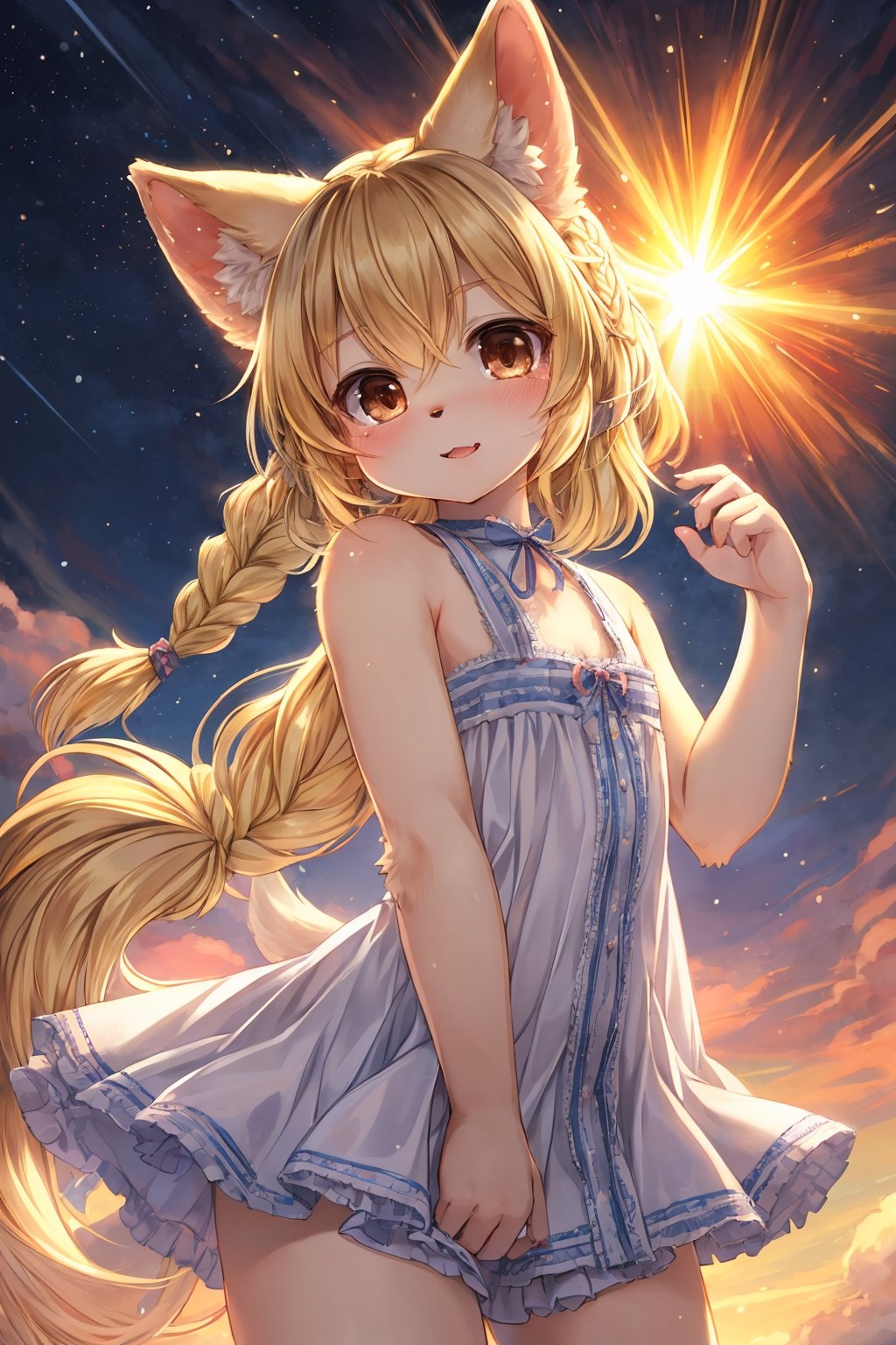 masterpiece,best quality,ultra detailed,highres,absurdres,illustration,cute,kawaii,(girlish:1.1),feminine,soft,texture,long eyelash,
BREAK 1girl,solo,dog ears,french braid,blonde hair,detailed and gradient brown eyes,girly ainu,solar flare,kemono