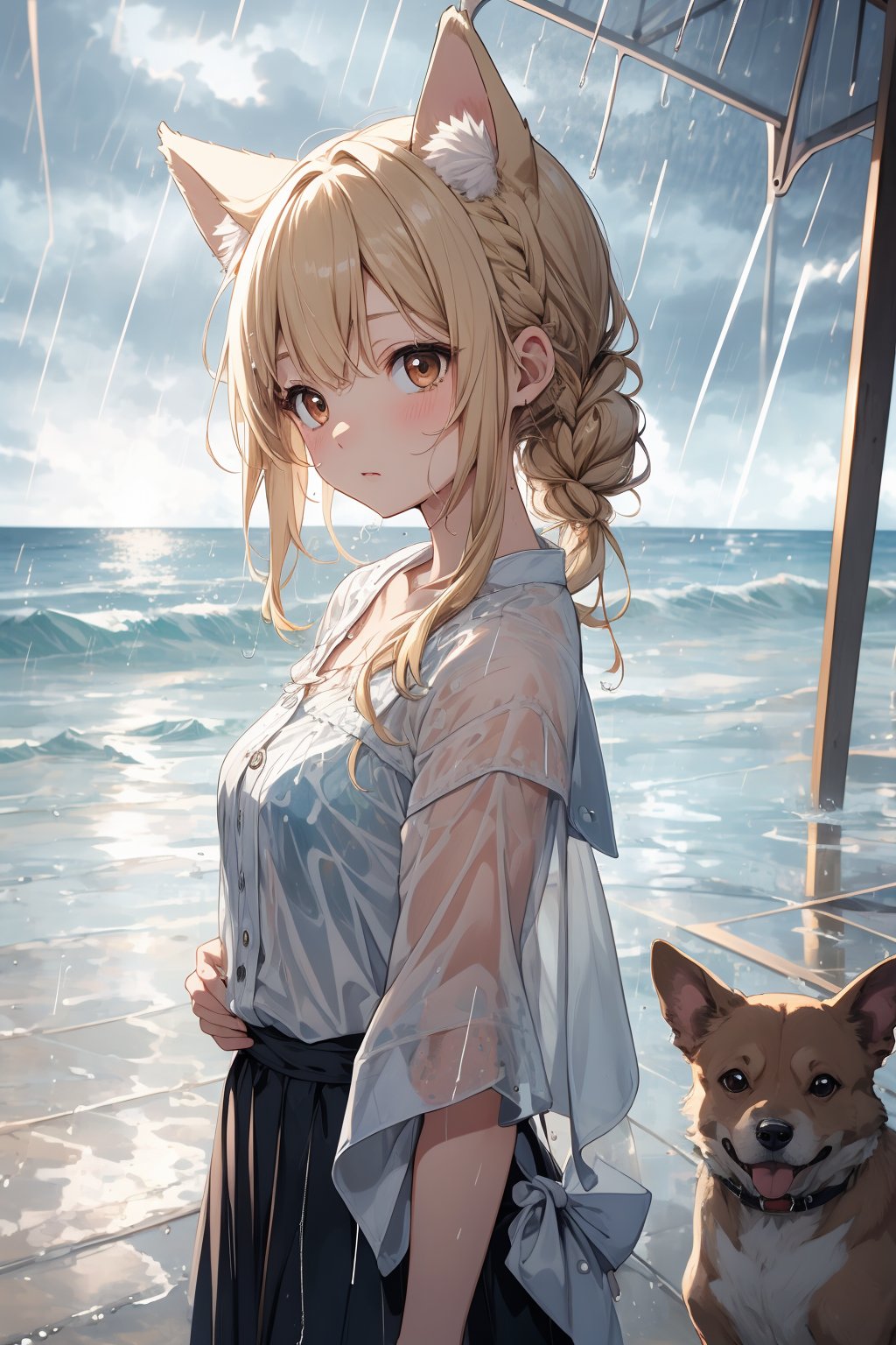 masterpiece,best quality,ultra detailed,highres,absurdres,illustration,cute,kawaii,BREAK 1girl,solo,dog ears,french braid,blonde hair,detailed and gradient brown eyes,(downpour:1.5),ootd,stunned look,(shock:1.3) BREAK outdoors,(rainy:1.3),heavy rainstorm,beach,ocean,okinawa,magnificent view,overlooking,