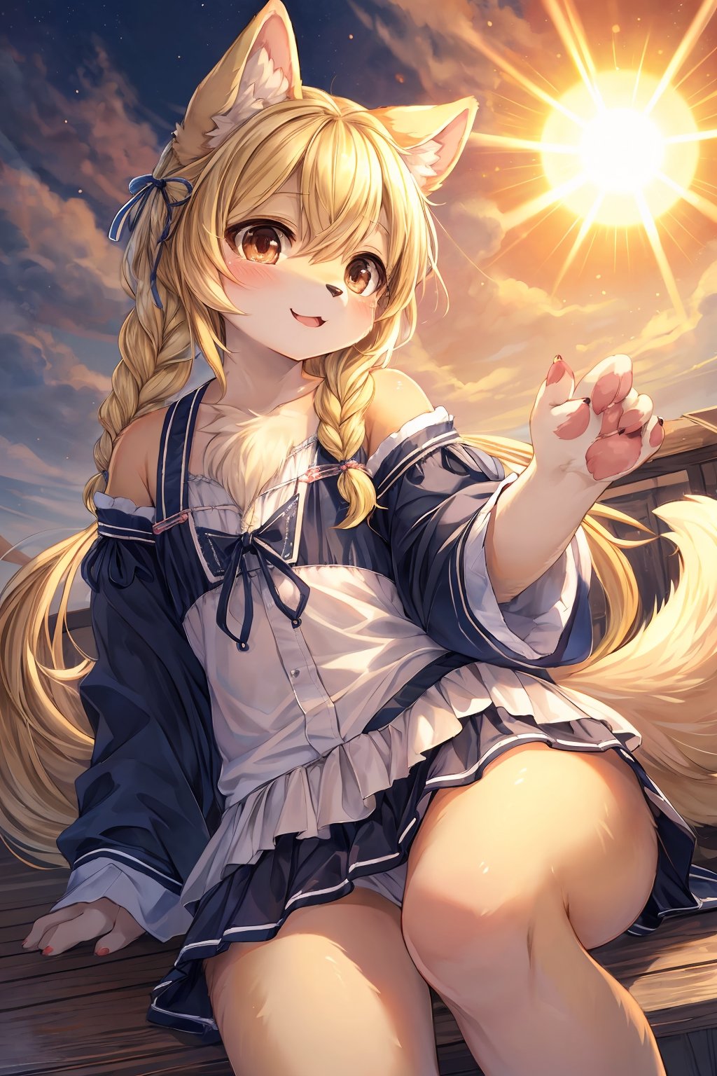 masterpiece,best quality,ultra detailed,highres,absurdres,illustration,cute,kawaii,(girlish:1.1),feminine,soft,texture,long eyelash,
BREAK 1girl,solo,dog ears,french braid,blonde hair,detailed and gradient brown eyes,girly ainu,solar flare,kemono,(furry:1.3)