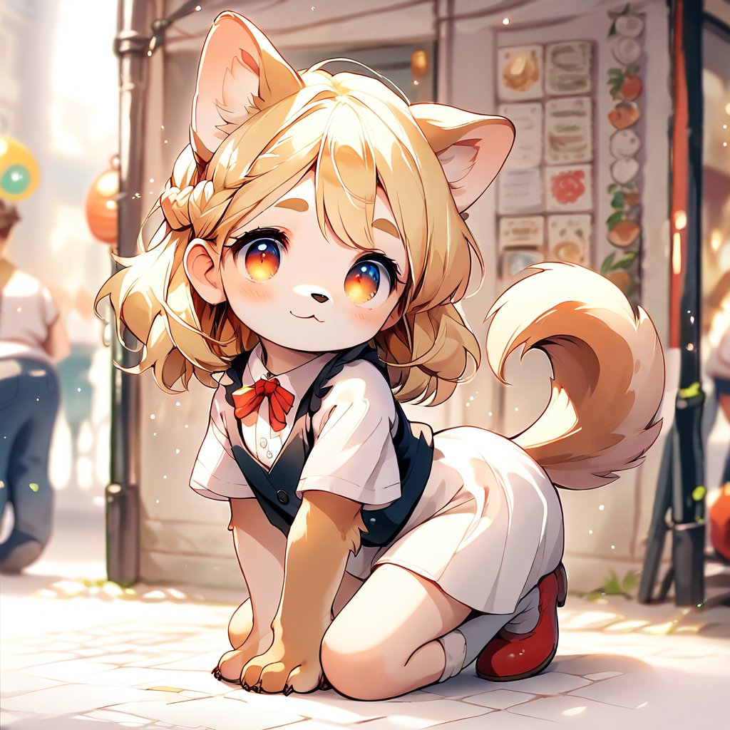 score_9_up, score_8_up, score_7_up,score_6_up,score_5_up,source_anime,source_furry,masterpiece,best quality,illustration,cute,kawaii,watercolor \(medium\),,1girl,solo,1girl,solo,dog ears,blonde hair,french braid,gradient brown eyes,Classic Speakeasy Bartender,fitted black vest over a crisp white blouse with puffed sleeves and a high neckline,full body