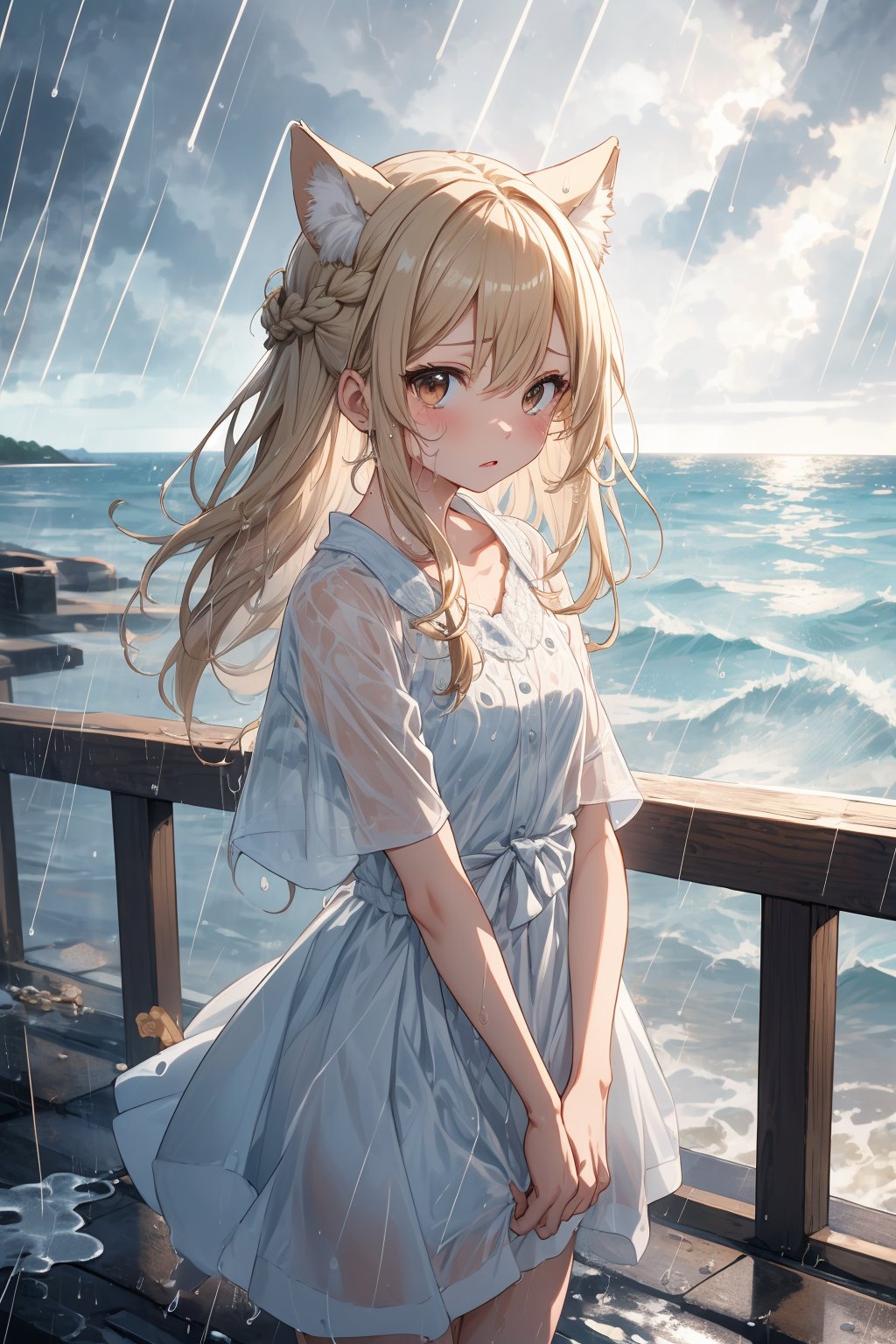 masterpiece,best quality,ultra detailed,highres,absurdres,illustration,cute,kawaii,BREAK 1girl,solo,dog ears,french braid,blonde hair,detailed and gradient brown eyes,(downpour:1.5),ootd,stunned look,(shock:1.3) BREAK outdoors,(rainy:1.3),heavy rainstorm,beach,ocean,okinawa,magnificent view,overlooking,