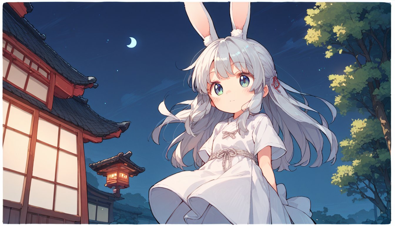 score_9, score_8up, score_7up, score_6up, score_5up,source_anime,cute,kawaii,1girl,solo,silver hair,rabbit ears,outdoors,night,(kimono:0.5) dress,overlooking,gradient night sky