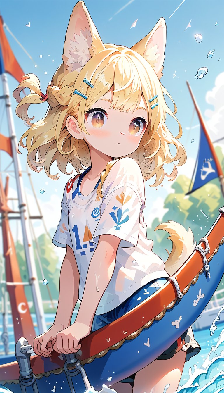 score_9_up, score_8_up, score_7_up,score_6_up,score_5_up,source_anime,masterpiece,best quality,illustration,cute,kawaii,1girl,solo,blonde hair,french_braid,dog ears,gradient brown eyes,On the Olympic stage, a woman is sailing with all her might. Her face shows a serious expression, and you can see the tension in her muscles. Amidst the splashing water, her boat moves forward powerfully, with the audience’s eyes focused on her. Her figure, putting everything into this moment, truly embodies the beauty and tension of sports, score_9_up,(sailing:1.1),(sailboat:1.3)