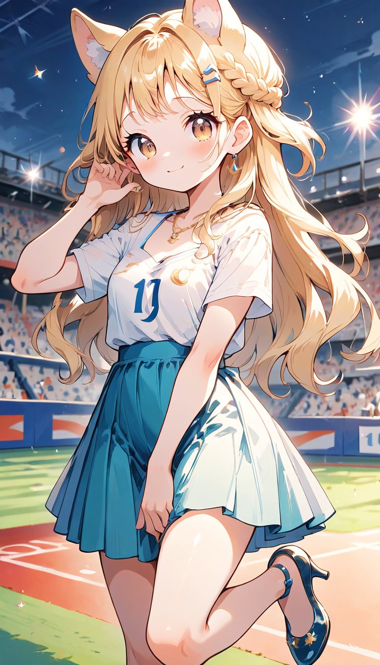 score_9_up, score_8_up, score_7_up,score_6_up,score_5_up,source_anime,masterpiece,best quality,illustration,cute,kawaii,1girl,solo,blonde hair,french_braid,dog ears,gradient brown eyes,At the (Olympic closing ceremony:1.5),Her expression reflects both the sadness of the event’s end and the satisfaction of having given her all. Amidst the applause and cheers from the audience,night,formal dress primarily white with golden embroidery,beautifully shimmering in the light,The hem of the dress flares out gracefully, swaying elegantly with her movements. She wears simple yet elegant heels, perfectly complementing her overall look,the girl wears a beaming smile