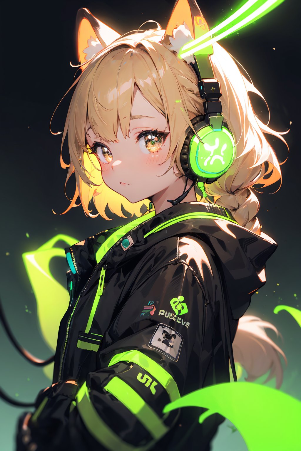 masterpiece,best quality,ultra detailed,highres,absurdres,illustratio,anthro,cute,kawaii,1girl,solo,dog ears,blonde hair,gradient brown eyes,(glowing neon green　headphone:1.2),cool,stylish,french_braid