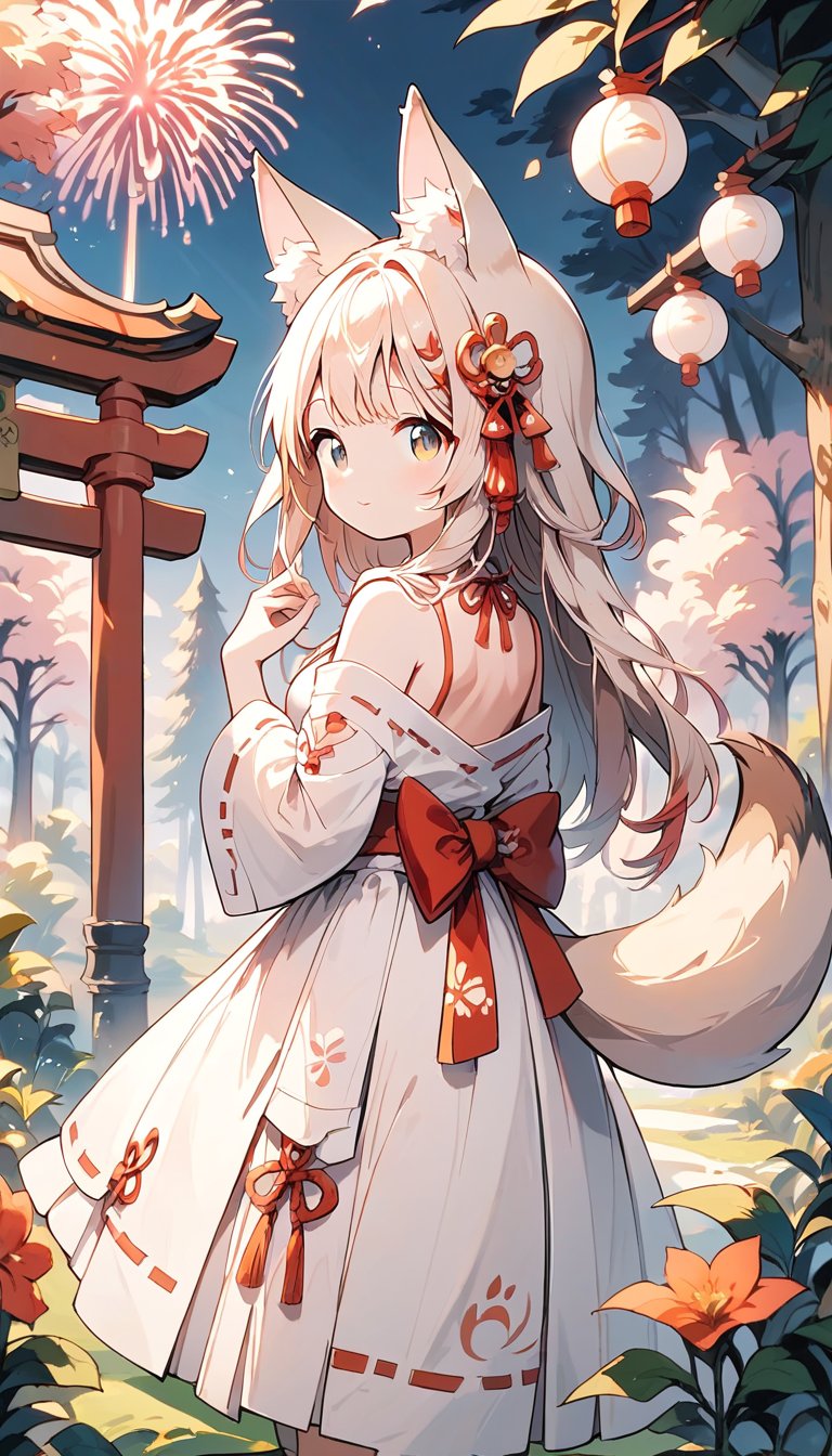 score_9_up, score_8_up, score_7_up,score_6_up,score_5_up,source_anime,masterpiece,best quality,illustration,cute,kawaii,1girl,solo,sliver hair,long hair,fox ears,fox tails,formal miko dress primarily white with golden and red embroidery,The hem of the dress flares out gracefully,perfectly complementing her overall look,looking back,torii,shrine gate,fireworks,(dark forest:1.3)