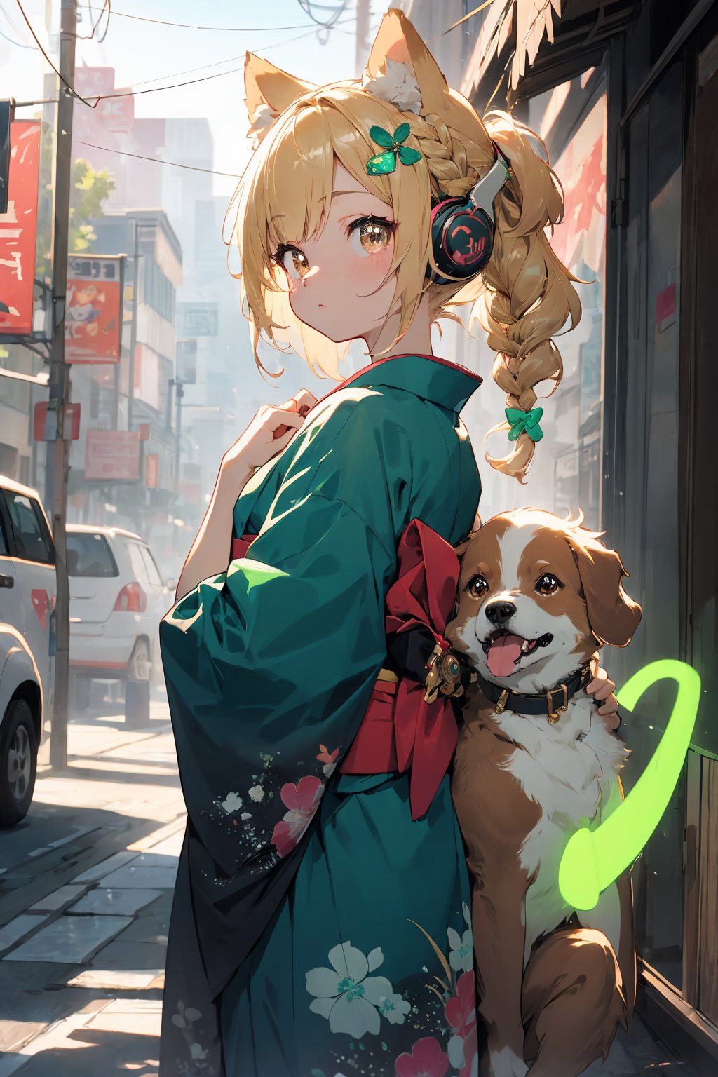 masterpiece,best quality,ultra detailed,highres,absurdres,illustratio,anthro,cute,kawaii,1girl,solo,dog ears,blonde hair,gradient brown eyes,(glowing neon green　headphone:1.0),cool,stylish,french_braid,kimono dress,hair ornament,poster