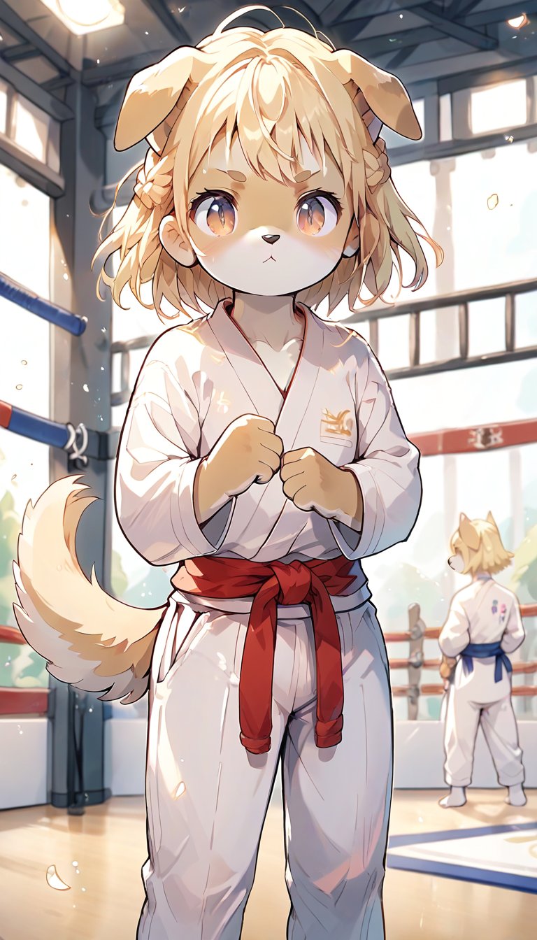 score_9_up, score_8_up, score_7_up,score_6_up,score_5_up,source_anime,masterpiece,best quality,illustration,cute,kawaii,1girl,solo,blonde hair,french_braid,dog ears,gradient brown eyes,On the Olympic stage,judo cloth,(bowing:1.3),tatami,judo,sutanding,serious,indoors,white pants,furry