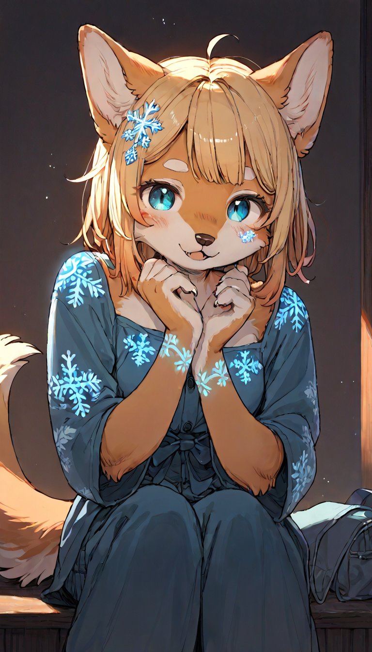 score_9, score_8up, score_7up, score_6up, score_5up,source_anime,source_furry,(furry:1.3),anthro,cute,kawaii,1girl,solo,dog ears,blonde hair,indoors,(dark room:1.0),(her face adorned with glowing neon blue snowflake tattoos:1.2),The intricateilluminate the shadows around her,high-contrast anime-style,