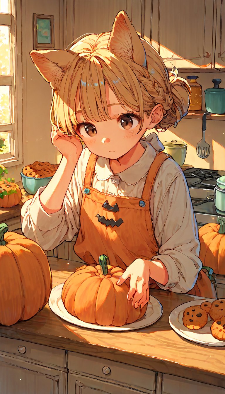 score_9, score_8up, score_7up, score_6up, score_5up,source_anime,cute,kawaii,1girl,solo,blonde hair,dog ears fluff,french braid,brown eyes,making Pumpkin pudding,indoors,kitchen,