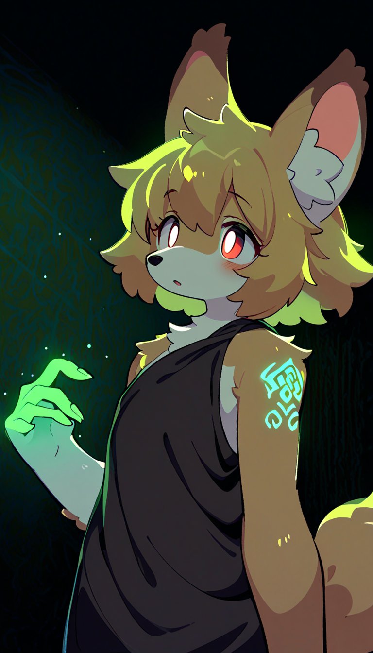 (furry:1.3),anthro,cute,kawaii,1girl,solo,dog ears,blonde hair,gradient brown eyes,indoors,(dark room:1.4),her body adorned with (glowing neon green Ancient magical tattoo,upper body:1.5),high-contrast anime-style,full body,