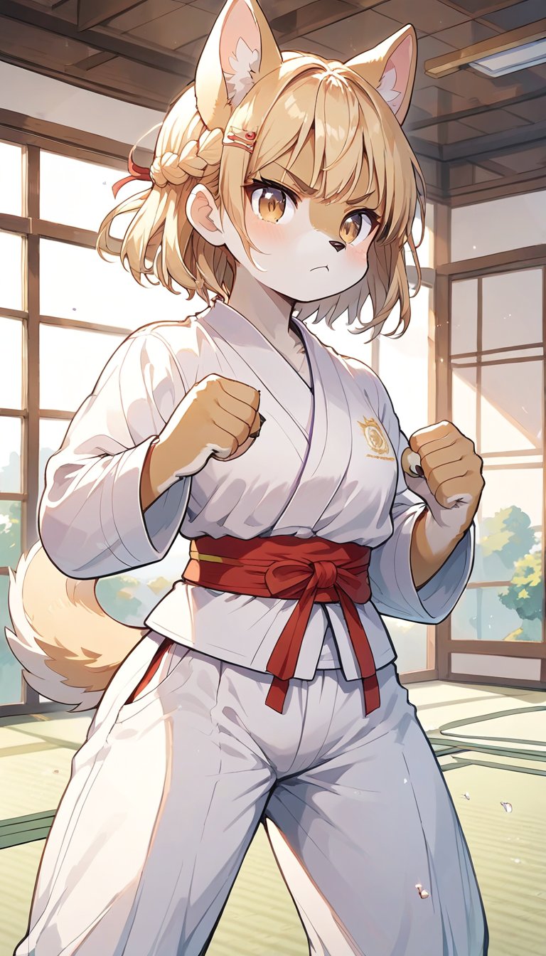 score_9_up, score_8_up, score_7_up,score_6_up,score_5_up,source_anime,masterpiece,best quality,illustration,cute,kawaii,1girl,solo,blonde hair,french_braid,dog ears,gradient brown eyes,paris olympic,judo, wearing judo wear,tatami,judo,sutanding,serious,indoors,furry,judo match