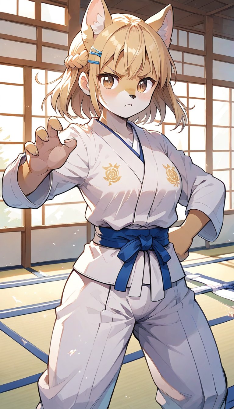 score_9_up, score_8_up, score_7_up,score_6_up,score_5_up,source_anime,masterpiece,best quality,illustration,cute,kawaii,1girl,solo,blonde hair,french_braid,dog ears,gradient brown eyes,paris olympic,judo, wearing judo wear,tatami,judo,sutanding,serious,indoors,furry,judo match,(female judo athlete:1.4),Judo combat pose