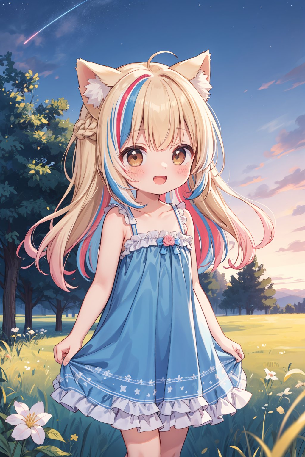 masterpiece,best quality,ultra detailed,highres,absurdres,illustration,silky-soft,creamy complexion,cute,kawaii,(Exciting:1.2),happy,loli,petite   BREAK 1girl,solo,dog ears,french braid,blonde and (blue streaked hair:1.3),highlights hair,detailed and gradient brown eyes,(light pink camisole dress:1.1),(frills:1.2),walking, BREAK outdoors,overlooking,(twilight sky:1.2),deep blue sky,starry sky,grass