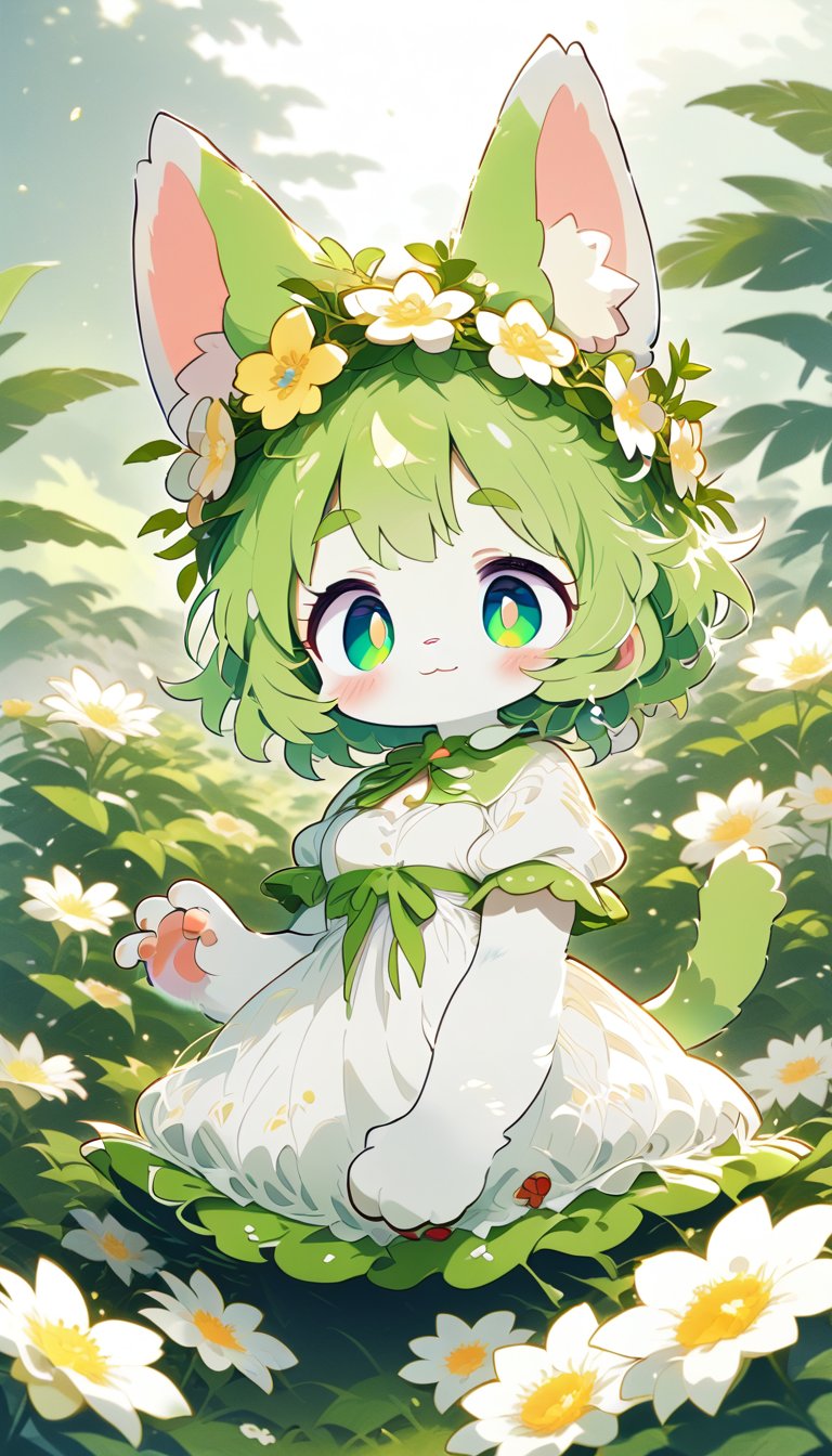 score_9_up, score_8_up, score_7_up,score_6_up,score_5_up,source_anime,masterpiece,best quality,illustration,cute,kawaii,1girl,solo,furry white cat female,white fur, cat tail, messy short green hair, flower crown, green eyes, thick green eyebrows, white and green dress,short sleeves,(royal:1.2),elegance,graceful,small breasts,high waist,light smile,(petite:1.2),source_furry,