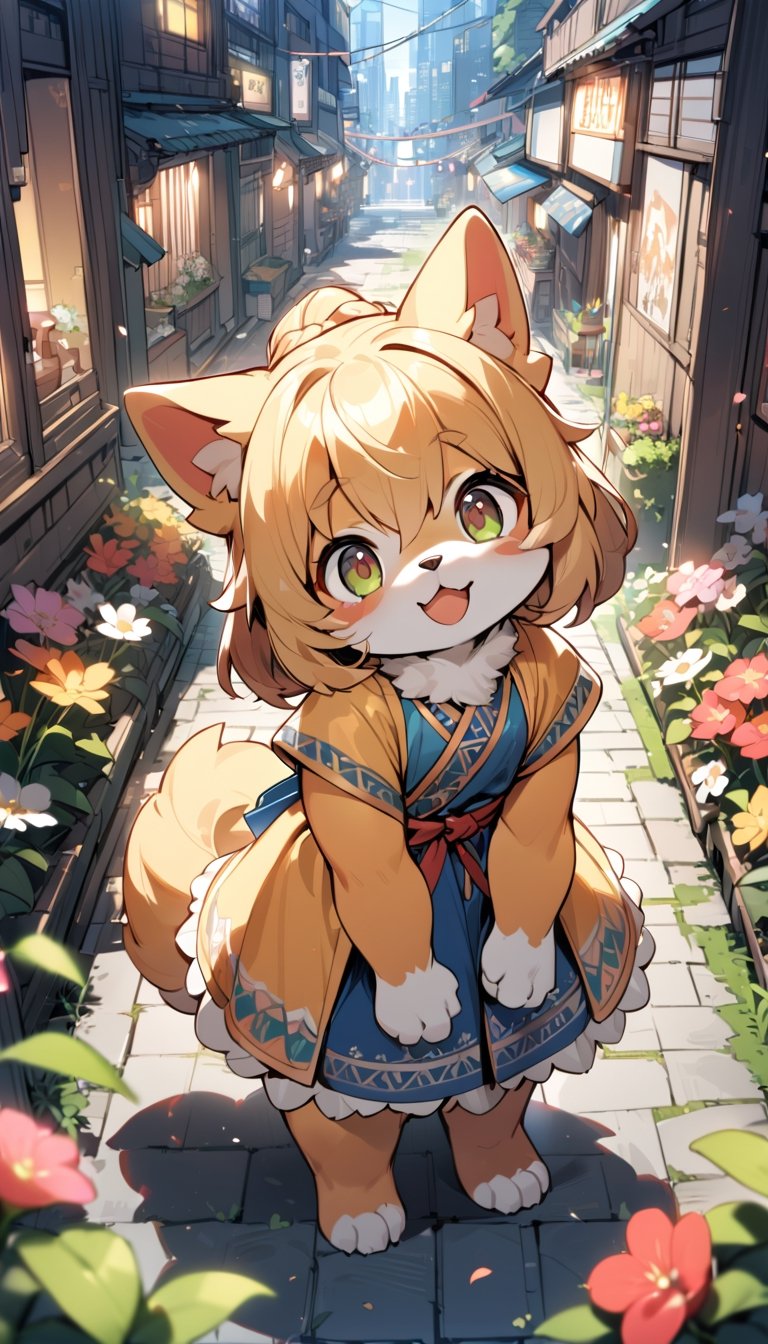 1girl,solo,dog ears,french braid,blonde hair,detailed and gradient brown eyes,(knight dress:1.1),(ainu dress:1.1),standing
BREAK
outdoors,spring flower garden,night,(cybercity:1.3),magnificent view
BREAK
masterpiece,best quality,ultra detailed,highres,absurdres,illustration,cute,kawaii,perfect arrangement,(brave:1.3),(furry:1.15),furry