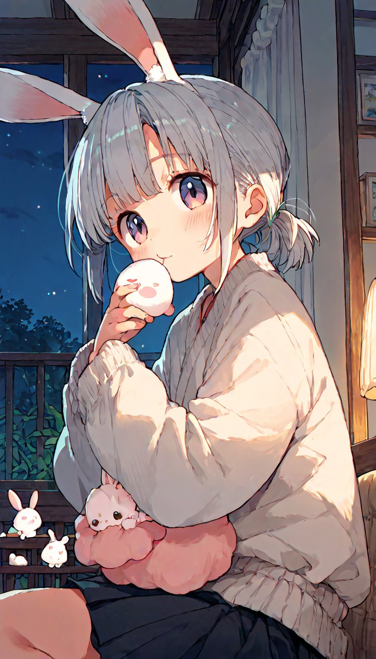 score_9, score_8up, score_7up, score_6up, score_5up,source_anime,cute,kawaii,1girl,solo,silver hair,rabbit ears,(mochi:1.2),indoors,night,sanshoku dango